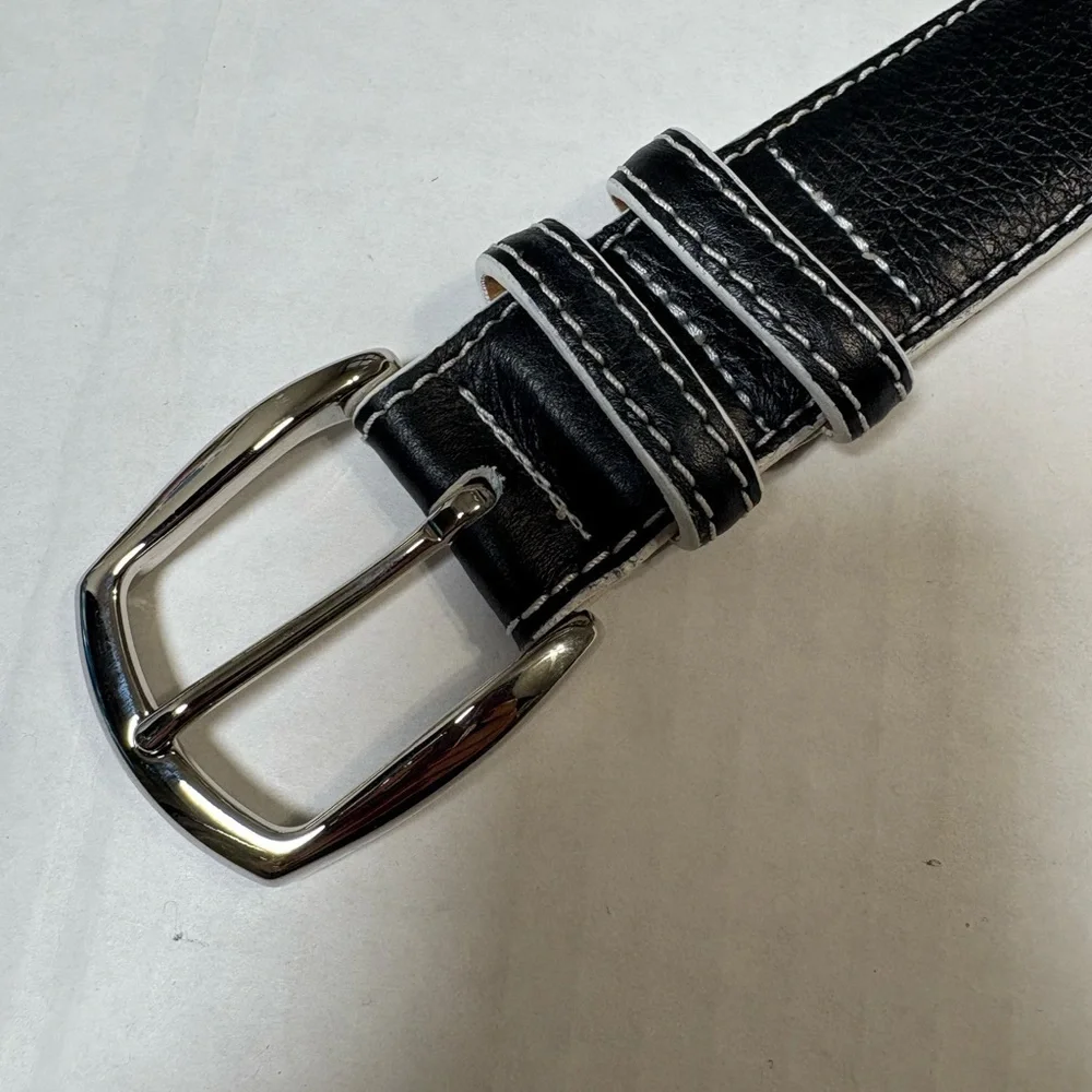 Bobby Jones Men's Black Leather Belt w White Stitching. USA,Italian Brass Buckle
